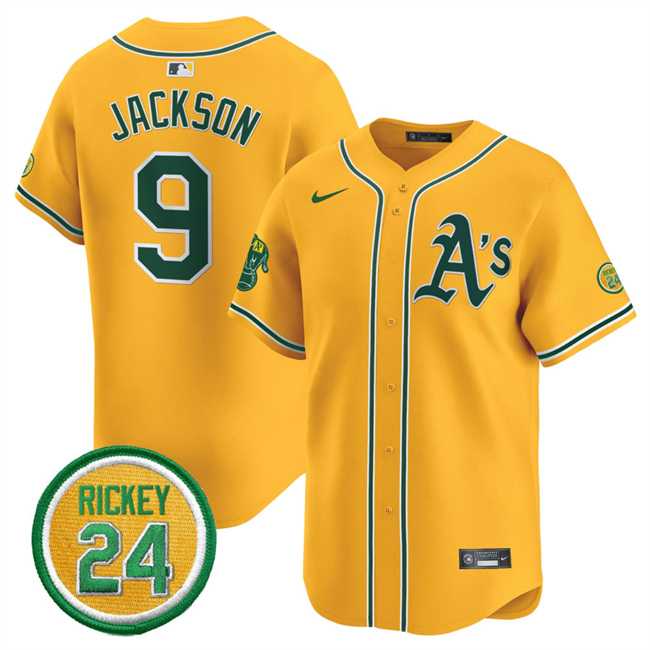 Men%27s Oakland Athletics #9 Reggie Jackson Yellow 2024 Limited With Rickey Henderson Patch Stitched Jersey Dzhi